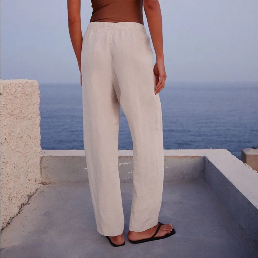H&M Linen Viscose Blend High Waist Tapered Ankle Pants Drawstring Light Beige XL